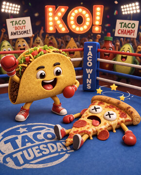 3d Cartoon taco celebrates KO win over defeated pizza in boxing ring with cheering food crowd and Taco Tuesday logo