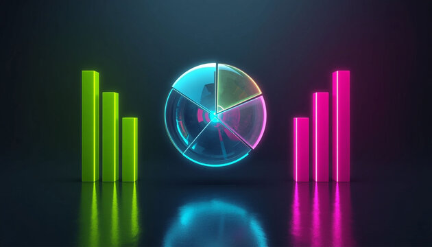 3d glass pie chart with glowing neon bar graphs on dark background

