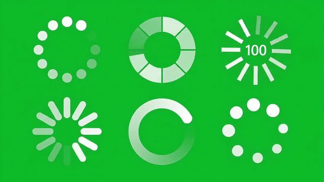 Animated neon blue loading spinner icons on dark digital screen