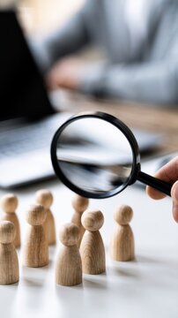 Person holding magnifying glass over wooden human figures on desk representing recruitment assessment and team evaluation concept in office setting