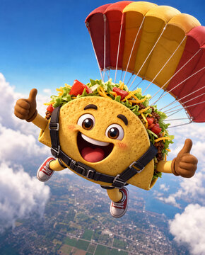 Cheerful 3d cartoon taco character skydives joyfully with parachute, dual thumbs-up, over blue sky and distant landscape below