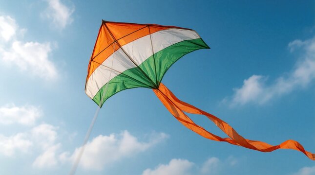 Indian tricolor kite flies high in blue sky with white clouds. Saffron white, green flag kite soars in wind. National symbol celebrates freedom, independence day during festive summer season.