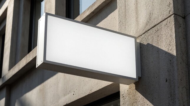 Empty white illuminated rectangular sign mockup on concrete building facade. Blank lightbox signboard with copy space for logo text. Modern urban storefront display for retail shop branding business
