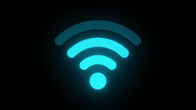 Glowing wifi icon emitting digital signal waves on dark background
