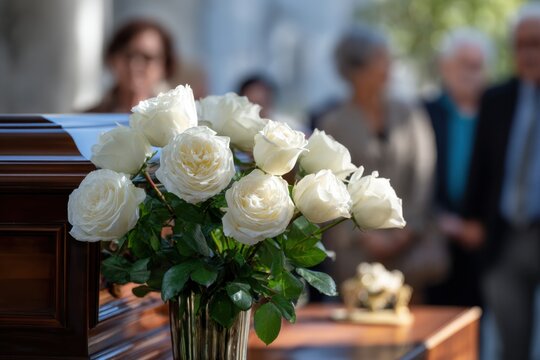 White roses in a bouquet placed on a wooden casket during a solemn outdoor memorial service with mourners gathered in the background