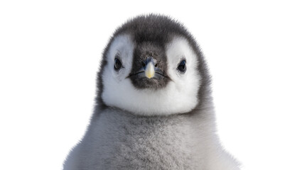 Fluffy emperor penguin chick with dark grey downy feathers, isolated on transparent background © Sorin