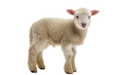 Fototapeta premium Fluffy white lamb with pink ears standing and looking forward, isolated on transparent background