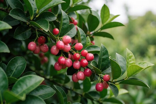 Clusters of bright pink Carissa carandas fruits ripen on a rich green tree branch. Small berries grow in abundance, showing vibrant red and pink hues against dark leaves in natural light.