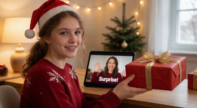 Teen girl with Santa hat holds surprise Christmas gift while video call shows happy parent, creating a warm holiday moment.
