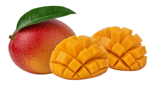 Ripe red and yellow mango with green leaf cut in half with cubes, isolated on transparent background