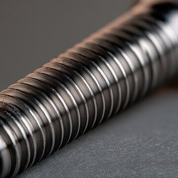 Detailed close-up of a shiny metallic threaded rod with spiraled ridges placed on a dark surface highlighting texture and industrial design elements