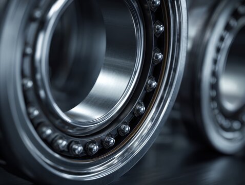 Detailed close-up of shiny high-precision ball bearings showing smooth metal surfaces and rows of steel balls used in machinery and mechanical applications