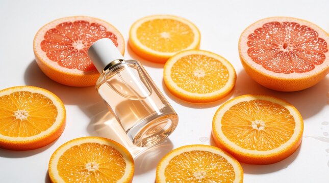 Perfume bottle with grapefruit and orange slices. Refreshing citrus scent composition for summer. Clean beauty product arranged on white surface, bright light.