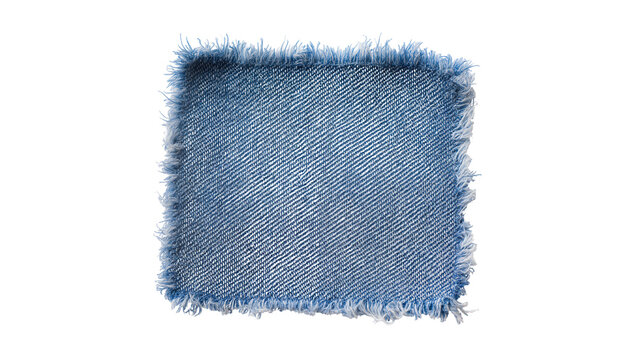 Rough blue denim fabric patch with frayed edges, isolated on transparent background