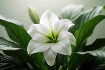 Fototapeta premium Closeup of white Amazon Lily blooming flower. Large green leaves surround beautiful Eucharis grandiflora blossom in garden. Elegant houseplant grows in pot. Pure floral petal texture, bright natural