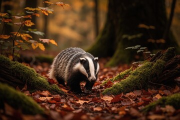Naklejka premium European badger walks through autumnal forest floor scattered with leaves. Creature with black, white striped face moves among fallen foliage near mossy logs. Animal explores woodland habitat during