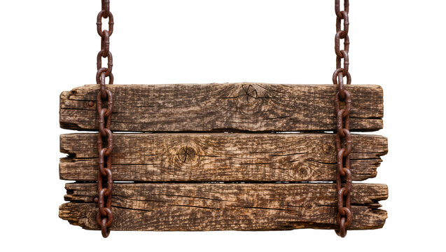 Rustic wooden planks suspended by rusty chains, isolated on transparent background
