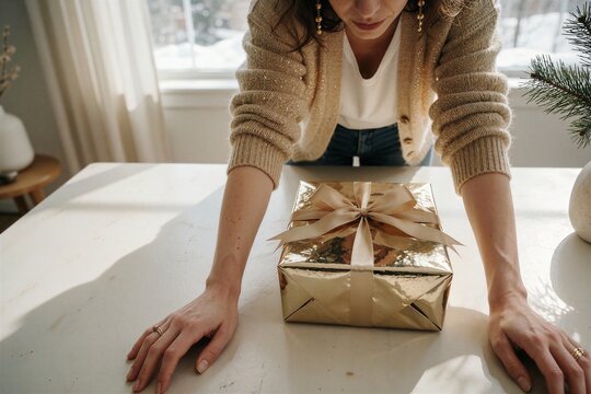 Woman admiring a personalized holiday Christmas gift wrap on a white table with soft natural light.