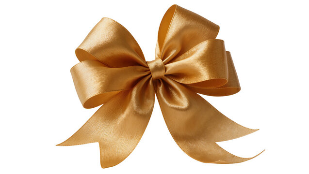 Shiny golden satin ribbon bow, isolated on transparent background for decoration