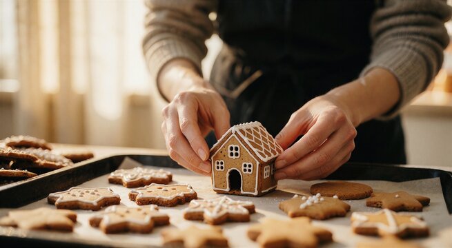 Hands decorating gingerbread cookies with a miniature house piece on a baking sheet under warm light.