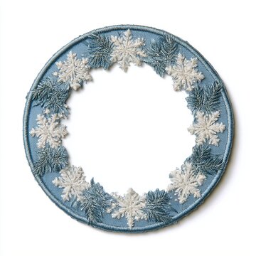 Embroidered Winter Snowflake Wreath Frame on White Background