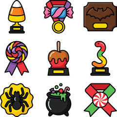 Fototapeta premium An assortment of Halloween-themed trophies, medals, and badges showcases candy, spiders, witches' cauldrons, and other festive autumn elements.
