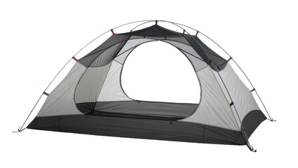 Lightweight grey and black camping tent with mesh panels, isolated on transparent background © Sorin