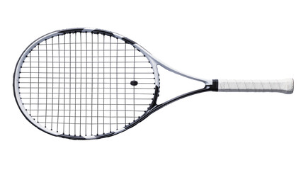 Modern white and black tennis racket with white grip, isolated on transparent background © Sorin