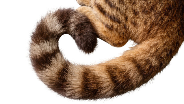 Tabby cat tail with dark stripes curled elegantly, isolated on transparent background