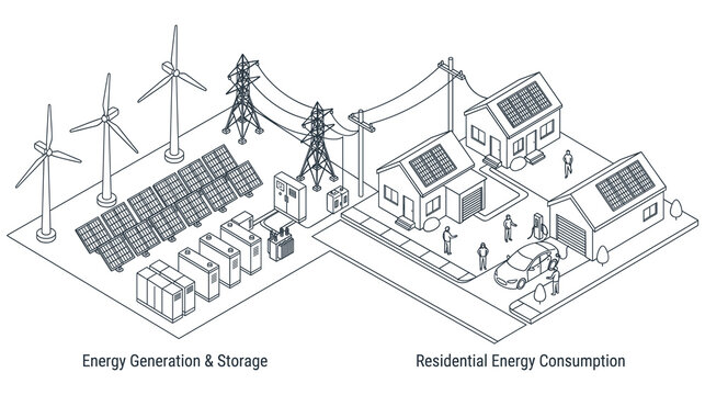 Isometric solar wind energy power system grid infographic.