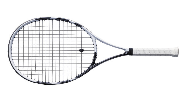 Modern white and black tennis racket with white grip, isolated on transparent background