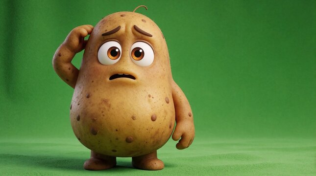 A confused cartoon potato scratches its head in bewilderment on a bright green background. This character embodies uncertainty and a need for answers, perfect for concepts of doubt.