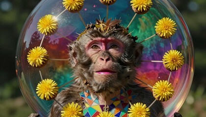 Fototapeta premium Monkey Encased in a Bubble with Dandelions and Rainbow Background