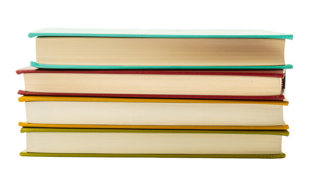 Stack of five hardcover books with colorful spines, isolated on transparent background