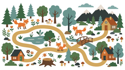 Fototapeta premium Forest landscape map icons set cute woodland characters.