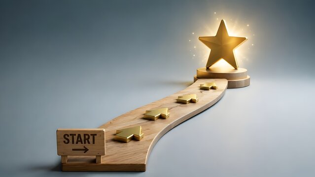 Wooden path with start sign and golden arrows leading to a bright glowing star representing business journey success and goal achievement