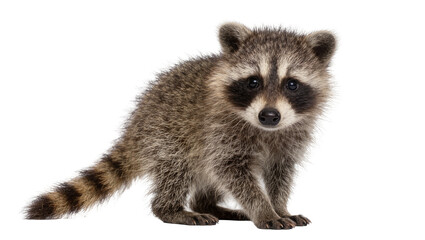 Naklejka premium Fluffy baby raccoon with striped tail, isolated on transparent background