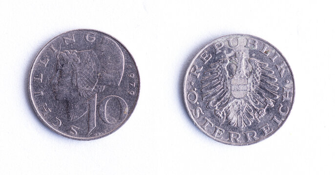 Austrian 10 Schilling Coin 1976 Isolated on White Background, Obverse and Reverse Historic Currency