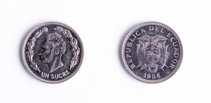 Ecuador 1 Sucre Coin 1986 Isolated on White Background, Obverse and Reverse Numismatic Collection