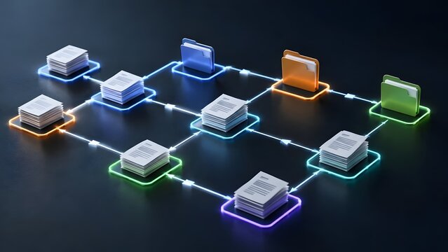 Network of glowing digital document folders connected by neon lines representing electronic workflow data routing and synchronized file sharing system