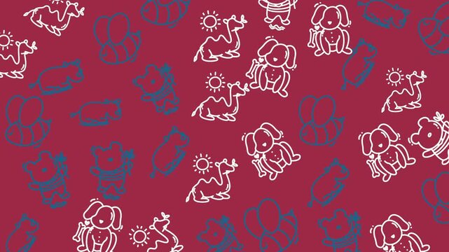 Animated cute cartoon dogs and camels in a seamless pattern. Playful and fun animation perfect for children's content, backgrounds, or design projects.