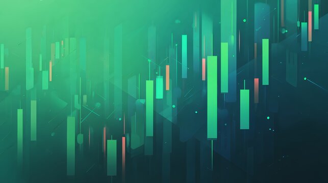 Dynamic abstract digital trading background with overlapping green and orange candlestick bars indicating stock market trends and finance