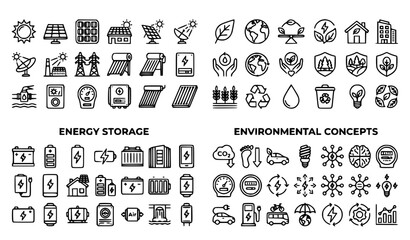 Obraz premium Solar Energy and Environmental Sustainability Line Icon Pack with Eco Battery and Renewable Power