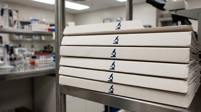 Stack of scientific research folders with microscope logos in a laboratory setting
