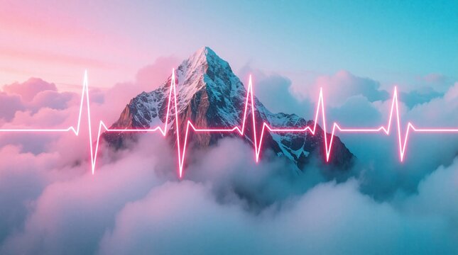 A neon pulse line crosses a misty mountain peak under a pastel sky, blending tech and natural elements in a surreal dreamscape perfect for wellness themes