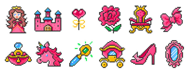 Fototapeta premium Princess Elements Pixel Art Set