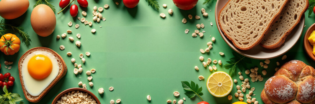 Healthy food frame on green for nutrition and diet banners