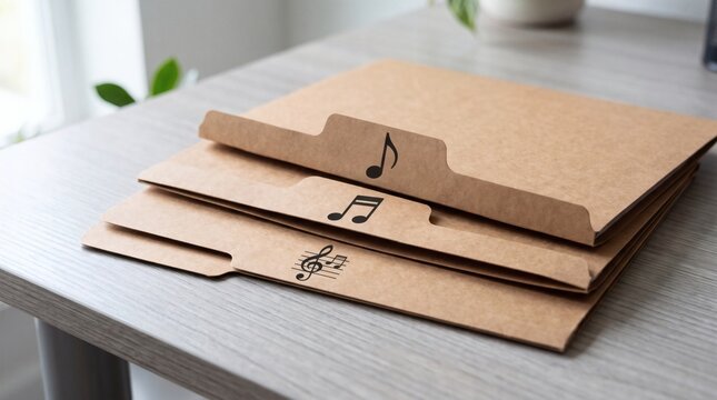 Stack of Kraft Paper Folders with Musical Notes on Tabs for Organizing Sheet Music or Documents