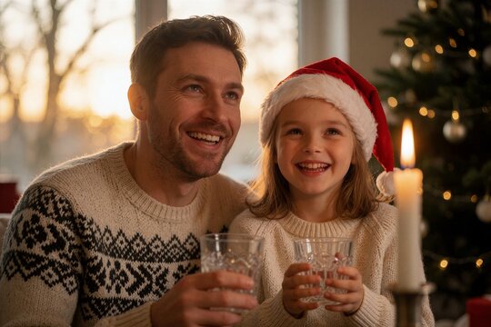 Joyful moment of father and daughter sharing Christmas laughter together, illuminated by candlelight and golden hour light.
