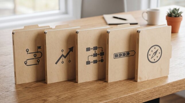 Business strategy and planning concept with icons on folders on a wooden desk